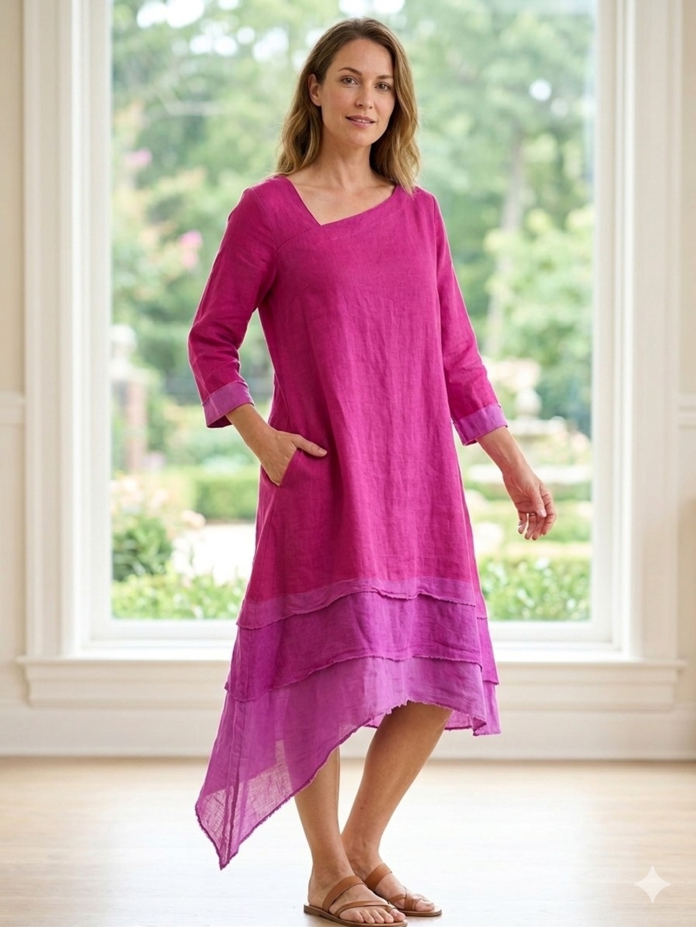 Magenta Layered Asymmetric Hem Linen Dress